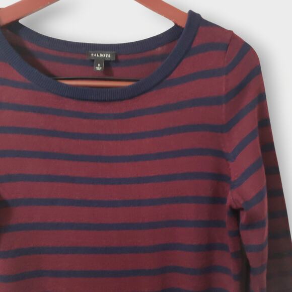 Talbots Wool Blend Striped Sweater Dress Burgundy Blue Sz Small Fall Business - Picture 2 of 11